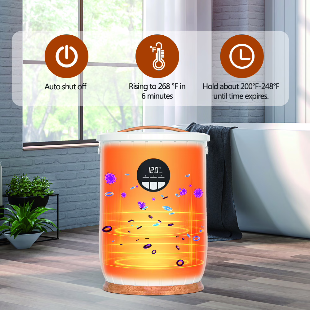 Bucket-style electric towel warmer with rating label showing PSE Japan, CE EU, and ETL US/Canada certification marks